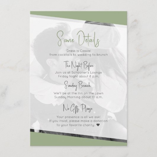 Moderne Lässig Sage Green Wedding Details Begleitkarte (Vorderseite)