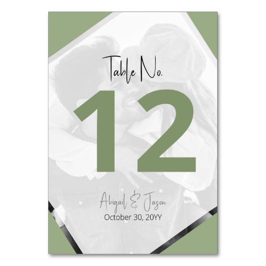 Moderne Lässige Hochzeitssage Foto Grün Tischnummer (Vorderseite)