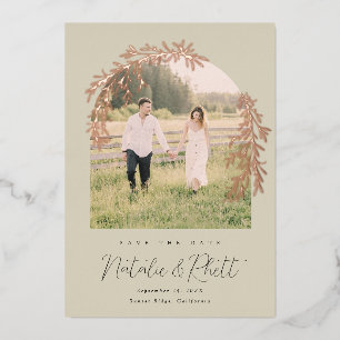 Moderne Laurel Leaf Archway Wedding retten das Dat Folieneinladung