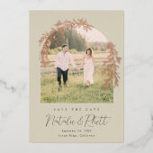 Moderne Laurel Leaf Archway Wedding retten das Dat Folieneinladung (Vorderseite)