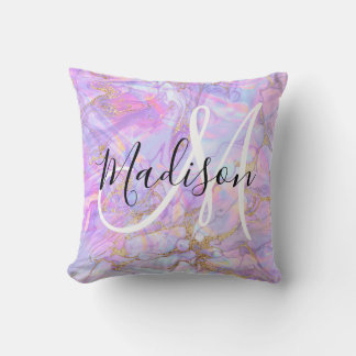 Moderne Lavendel-Rosa Marmor Gold Monogramm Name Kissen