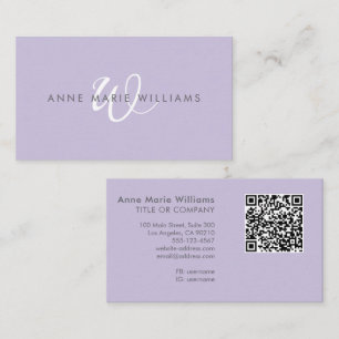 Moderne Lavendel-Weiße Schrift Monogramm QR-Code Visitenkarte