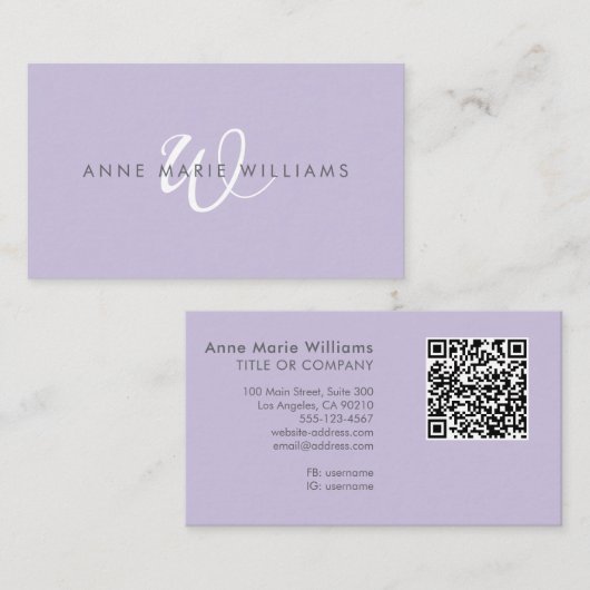 Moderne Lavendel-Weiße Schrift Monogramm QR-Code Visitenkarte (Vorne/Hinten)