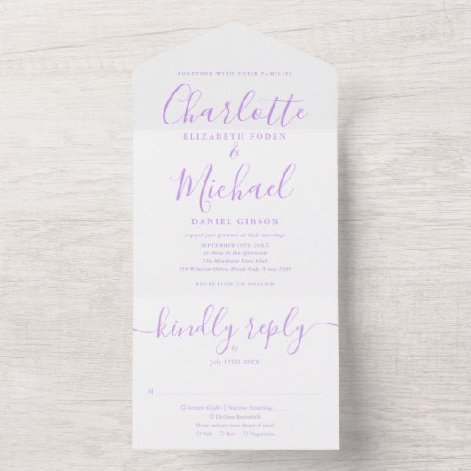 Moderne Lavender Lilac Script Minimalistische Hoch All In One Einladung (Innen Boden)