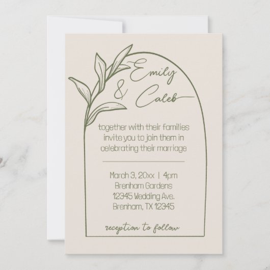 Moderne Leaf Arch Tan & Grüne Hochzeit Einladung (Vorderseite)