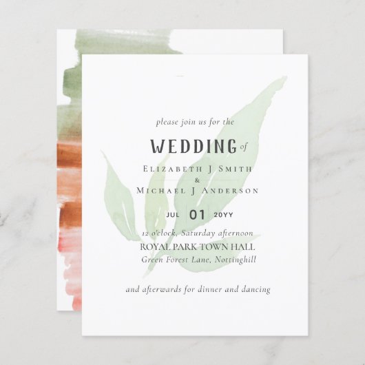 Moderne Leaf Watercolor WEDING Einladung (Vorne/Hinten)