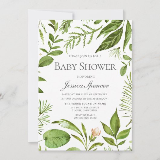 Moderne Leaf Wreath Baby Dusche laden ein Einladung (Vorderseite)
