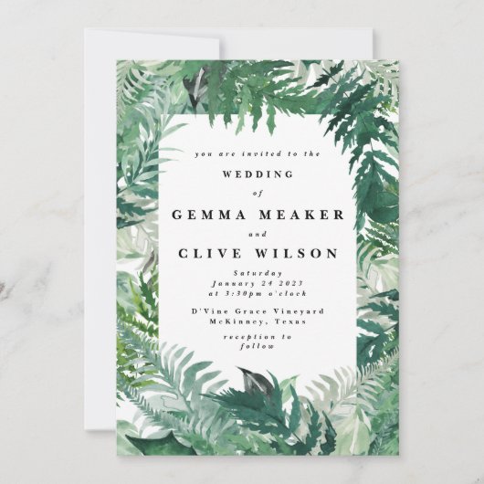 Moderne Leafy Greenerie Wasserfarbener Hochzeitsta Einladung (Vorderseite)