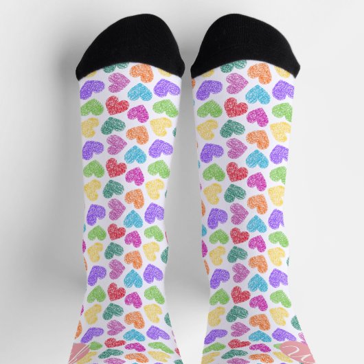 Moderne lebendige Regenbogen-Doodle-Herzen mit Mon Socken (Oben)