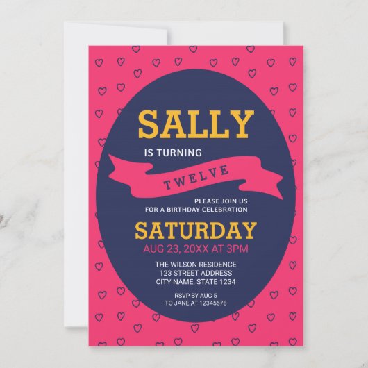 Moderne, lebendige Rosa und blaue Herzen zum Gebur Einladung (Vorderseite)