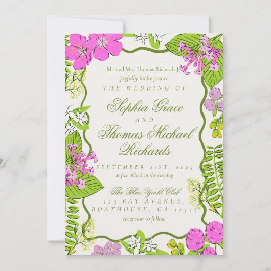 Moderne lebendige tropische botanische Hochzeit Einladung (Vorderseite)