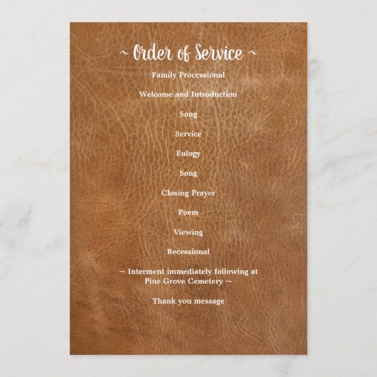 Moderne Lederdenkmal-Anordnung der Dienstbeerdigun Programm (Rückseite)