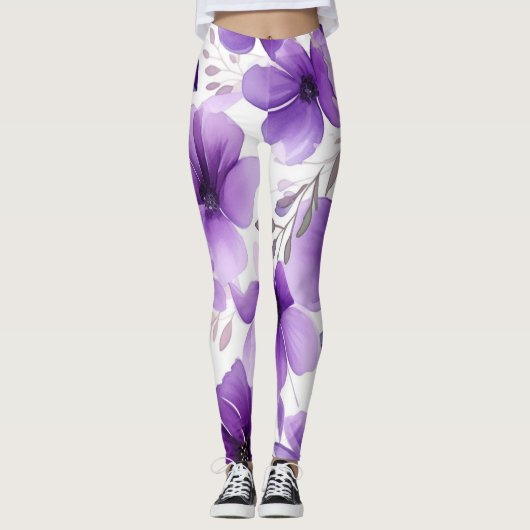 Moderne Leggings aus Weiß und lila Blumen (Vorderseite)