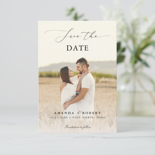 Moderne, leicht verblasste Foto- und Script-Hochze Save The Date (Stehend Vorderseite)
