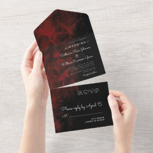 Moderne leidenschaftliche Rot-schwarze Hochzeitsge All In One Einladung