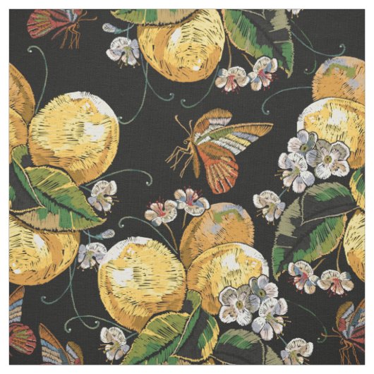 Moderne Lemon Citrus Floral Butterfly Muster Stoff (Muster)