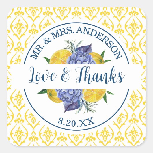 Moderne Lemon Citrus Summer Wedding Quadratischer Aufkleber (Vorderseite)