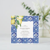 Moderne Lemon Foliage Blue Mediterrane Hochzeit Einladung (Stehend Vorderseite)