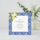 Moderne Lemon Foliage Blue Mediterrane Hochzeit Einladung (Stehend Vorderseite)