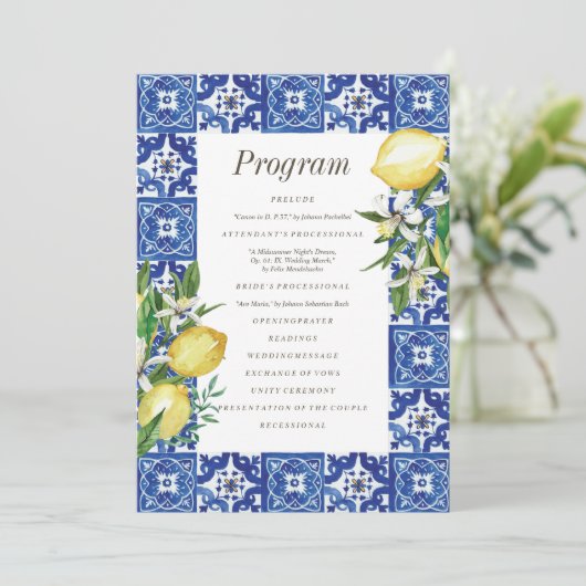 Moderne Lemon Foliage Blue Mediterrane Hochzeit Programm (Stehend Vorderseite)