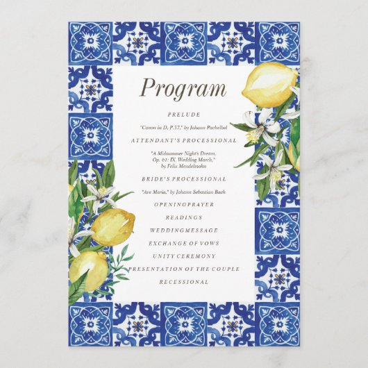 Moderne Lemon Foliage Blue Mediterrane Hochzeit Programm (Vorderseite)