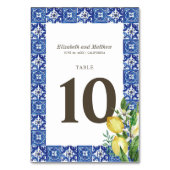 Moderne Lemon Foliage Blue Mediterrane Hochzeit Tischnummer (Rückseite)
