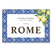 Moderne Lemon Foliage Blue Mediterrane Hochzeit Tischnummer (Rückseite)