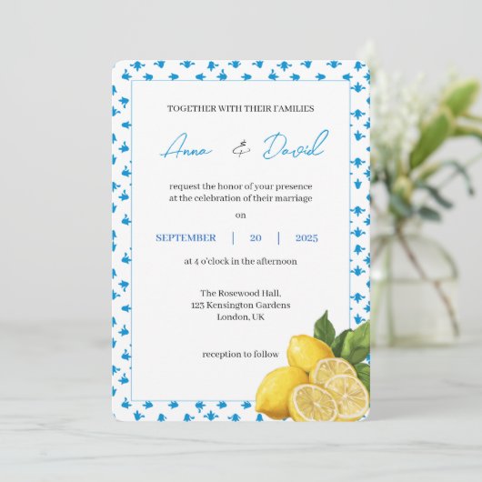 Moderne Lemon Hochzeitseinladung | Minimal Citrus Einladung (Stehend Vorderseite)