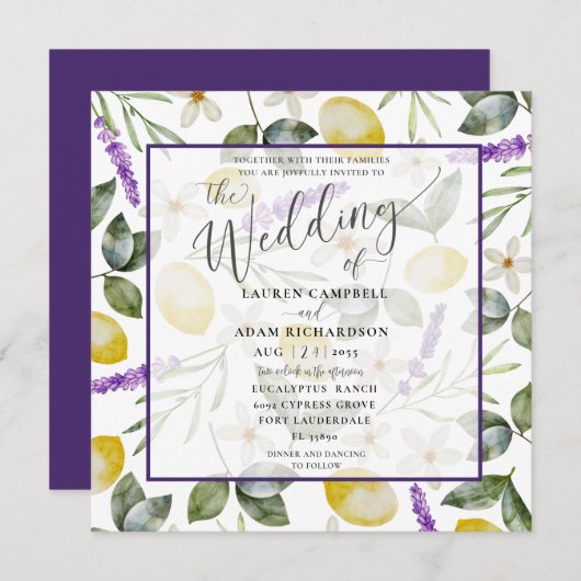 Moderne Lemon & Lavender Foliage Einladung (Vorne/Hinten)