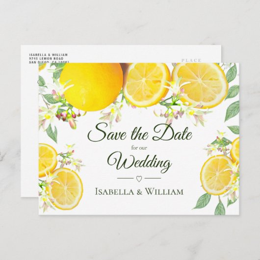 Moderne Lemon-Sommerhochzeit rettet das Datum Ankündigungspostkarte (Vorne/Hinten)