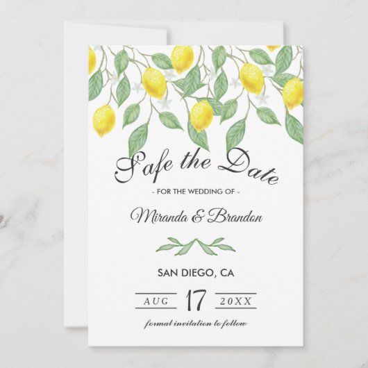 Moderne Lemon-Sommerhochzeit rettet das Datum Einladung (Vorderseite)