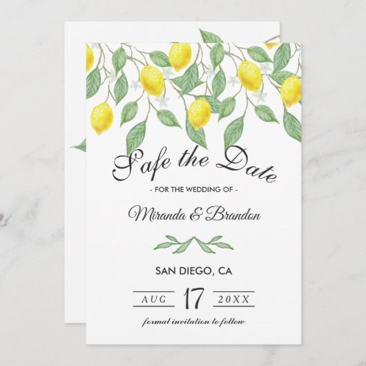 Moderne Lemon-Sommerhochzeit rettet das Datum Einladung (Vorne/Hinten)