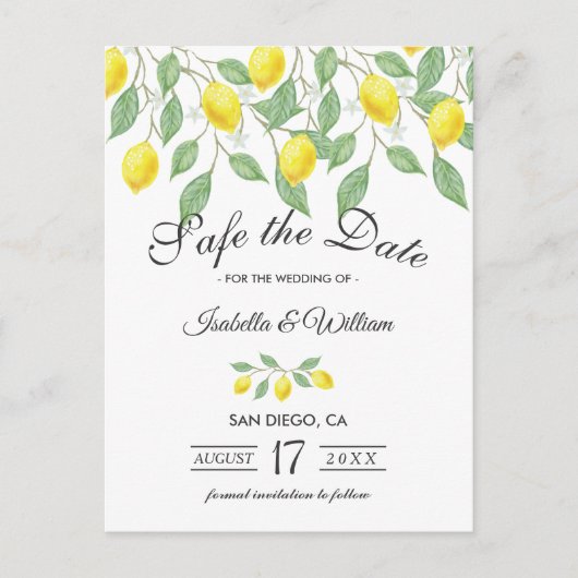 Moderne Lemon Summer Save the Date Hochzeit Ankündigungspostkarte (Vorderseite)