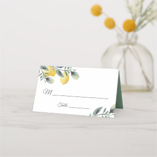 Moderne Lemon & Watercolor Blumenhochzeit Platzkarte