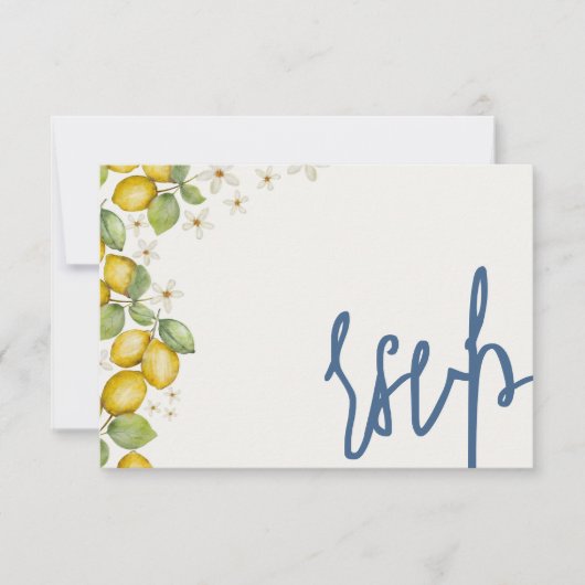 Moderne Lemons Blue & Yellow Wedding RSVP Karte (Vorderseite)