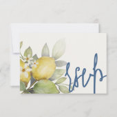 Moderne Lemons Blue & Yellow Wedding RSVP Karte (Vorderseite)