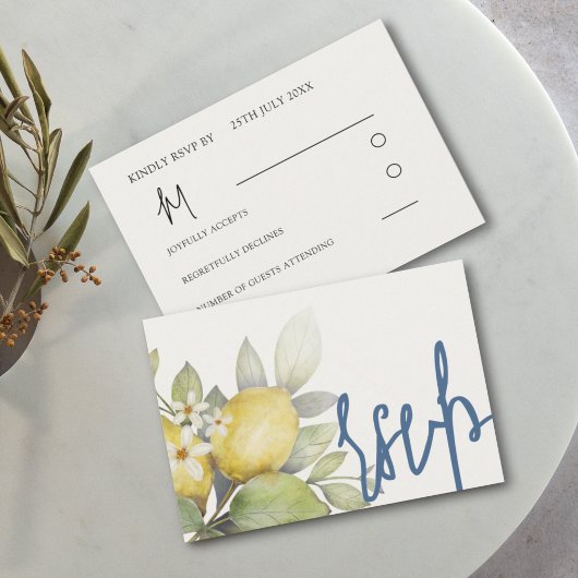 Moderne Lemons Blue & Yellow Wedding RSVP Karte