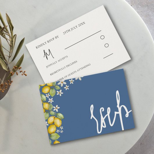 Moderne Lemons Blue & Yellow Wedding RSVP Karte