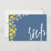 Moderne Lemons Blue & Yellow Wedding RSVP Karte (Vorderseite)