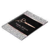 Moderne Leopard Haar Stylist Rose Gold Schere Notizblock (Linke Seite)
