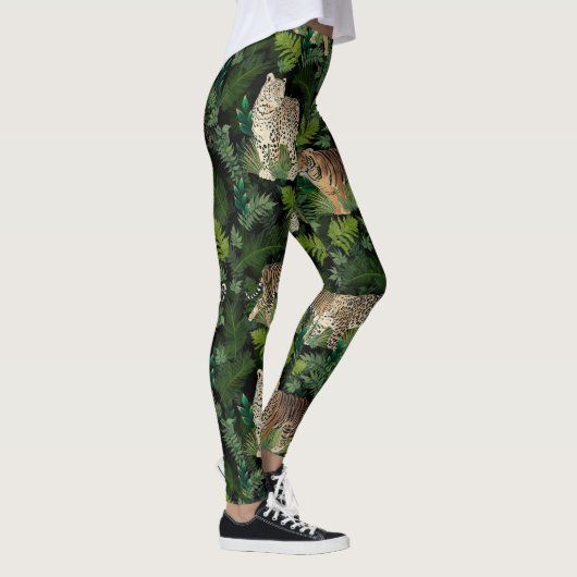 Moderne Leopards Tigers Jungle Pflanze Black Desig Leggings (Rechts)