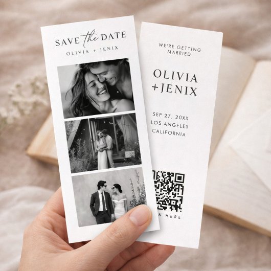 Moderne Lesezeichen-Fotostreifen-QR-Code-Hochzeit Save The Date