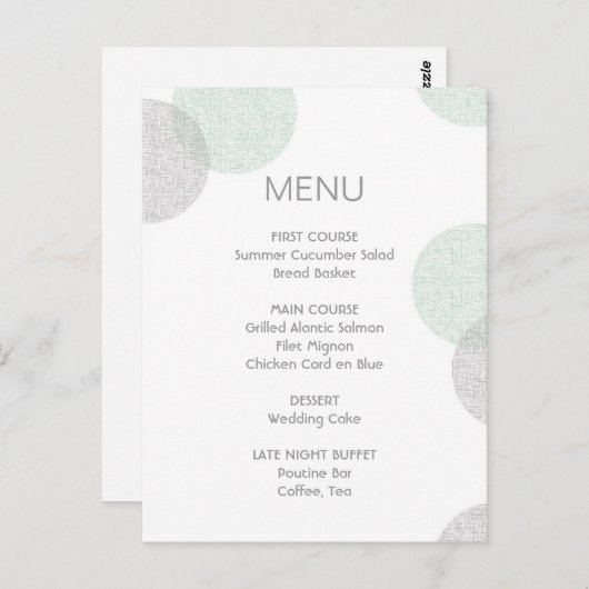 Moderne "Letterpress Style Circle Wedding Menu Car Postkarte (Vorne/Hinten)