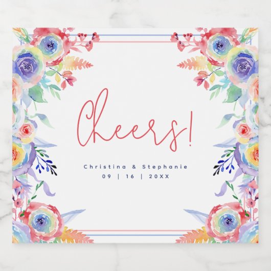 Moderne LGBTQ-Hochzeit mit Regenbogen-Flora Schaumweinetikett (Einzelnes Label)