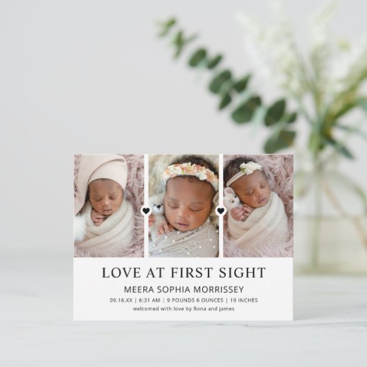 Moderne Liebe auf den ersten Blick FotoCollage Geb Ankündigungspostkarte (Stehend Vorderseite)