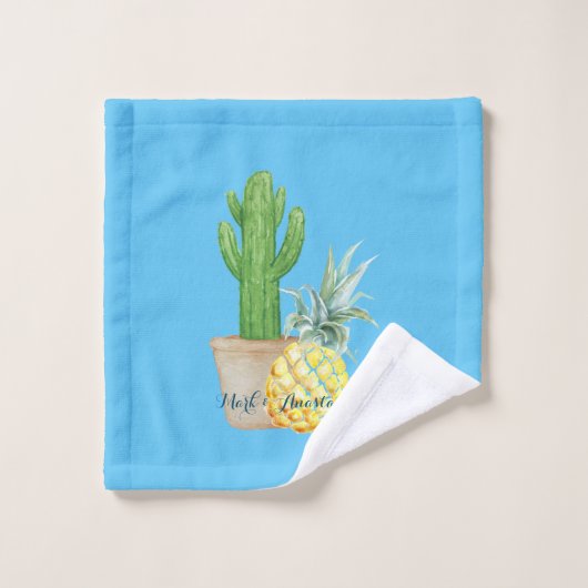 Moderne Liebe Blaue Ananas und Kakteen Badhandtuch Set (Waschlappen)