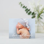 Moderne Liebe der Kalligraphie und dank Baby Foto Postkarte (Stehend Vorderseite)