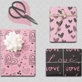 Moderne Liebe Doodles Niedlich Rosa und Schwarze H Geschenkpapier Set