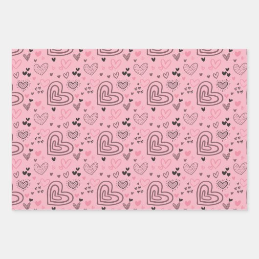 Moderne Liebe Doodles Niedlich Rosa und Schwarze H Geschenkpapier Set (Vorderseite)