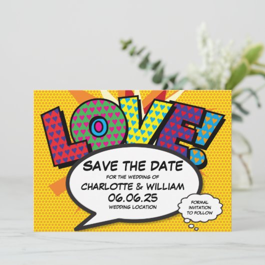 Moderne Liebe Fun Comic Hochzeit Save The Date (Stehend Vorderseite)